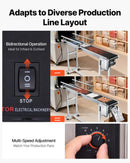 VEVOR lentes konveijers 150 × 20 cm ar regulējamu ātrumu, motorizēts nerūsējošā tērauda transportieris ar antistatisku PVC lenti un dubultām aizsargmalām marķēšanas darbiem