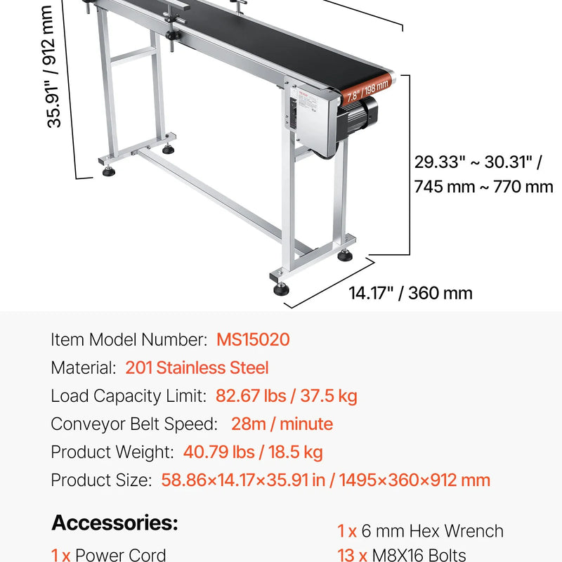 VEVOR lentes konveijers 150 × 20 cm ar regulējamu ātrumu, motorizēts nerūsējošā tērauda transportieris ar antistatisku PVC lenti un dubultām aizsargmalām marķēšanas darbiem