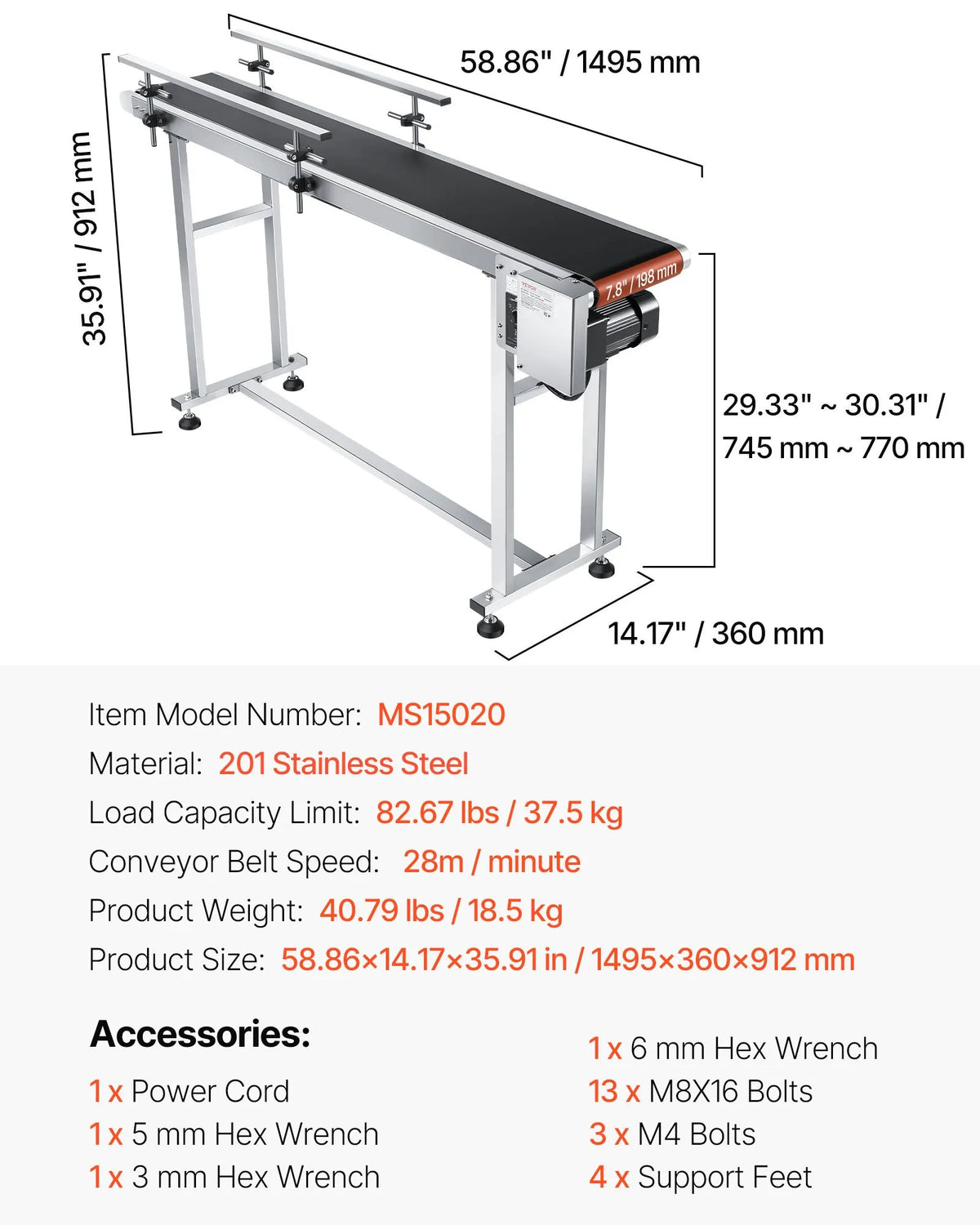 VEVOR lentes konveijers 150 × 20 cm ar regulējamu ātrumu, motorizēts nerūsējošā tērauda transportieris ar antistatisku PVC lenti un dubultām aizsargmalām marķēšanas darbiem