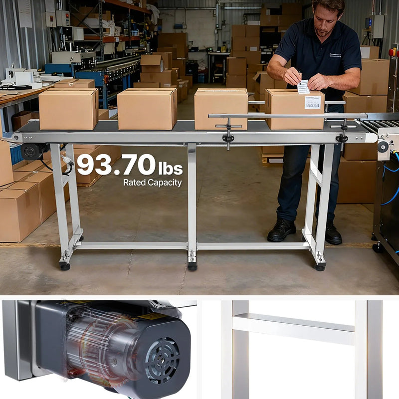 VEVOR lentes konveijers ar regulējamu ātrumu, 1800 × 200 mm konveijera galds, motorizēts nerūsējošā tērauda PVC lentes konveijers marķēšanas un tintes drukas iekārtām ar antistatisku lenti un dubultām aizsargmalām