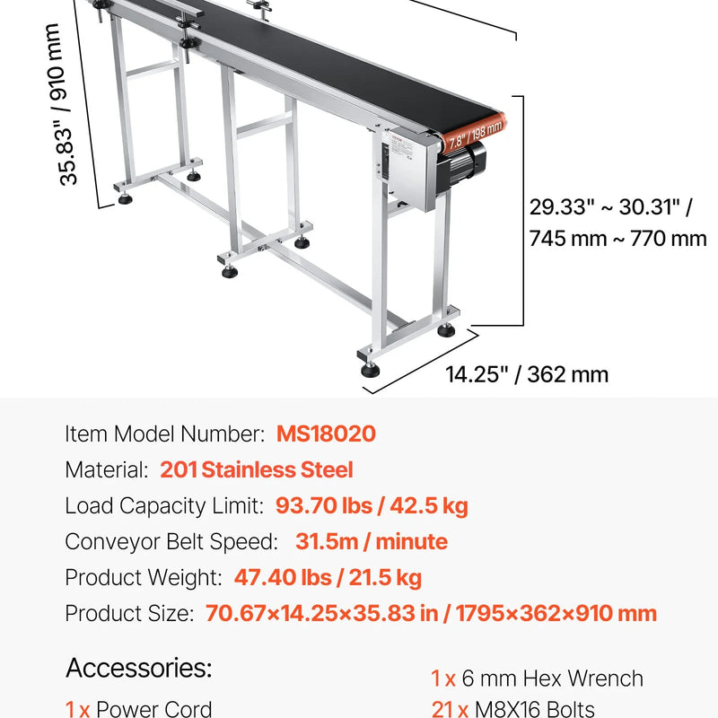 VEVOR lentes konveijers ar regulējamu ātrumu, 1800 × 200 mm konveijera galds, motorizēts nerūsējošā tērauda PVC lentes konveijers marķēšanas un tintes drukas iekārtām ar antistatisku lenti un dubultām aizsargmalām