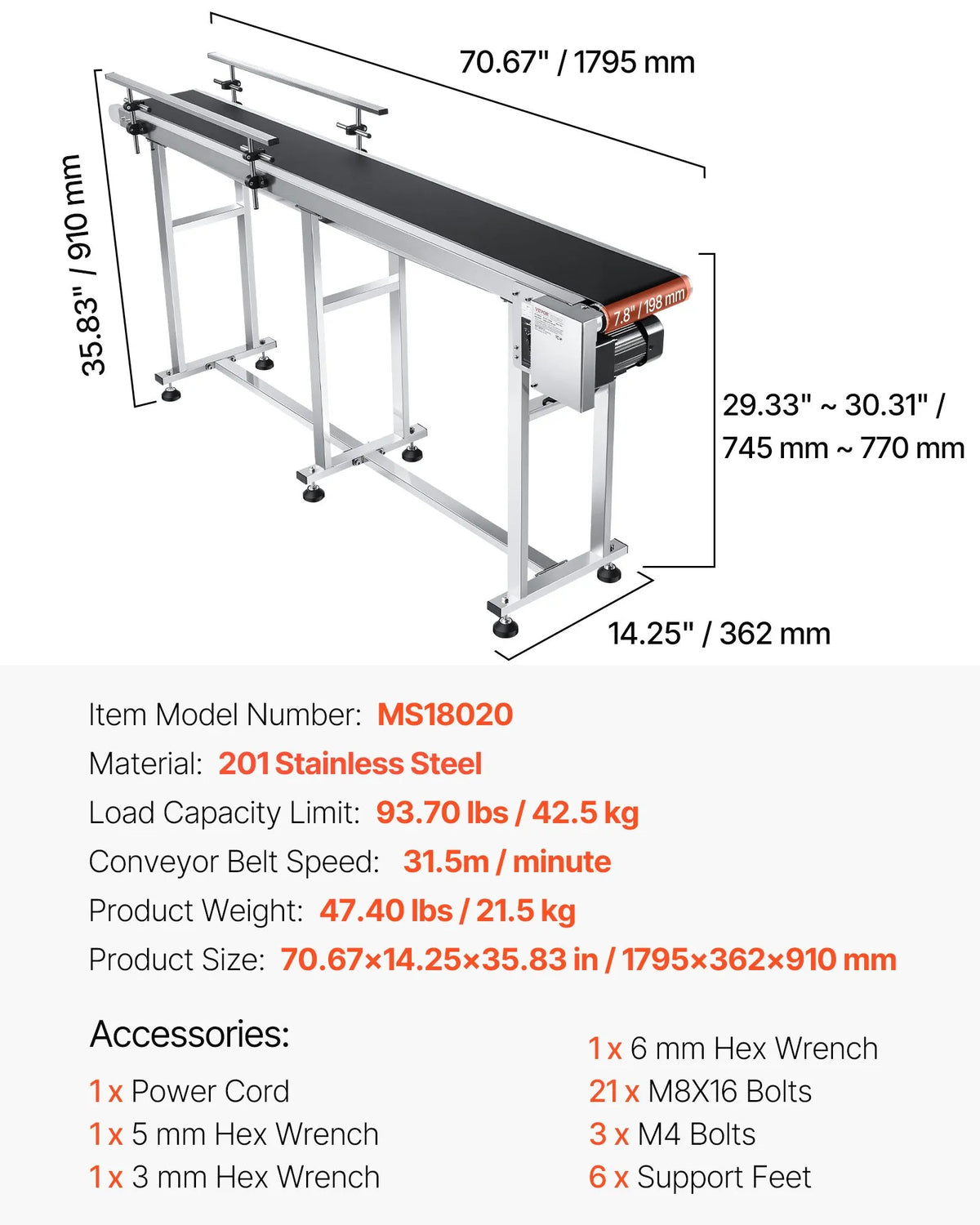 VEVOR Belt Conveyor with Variable Speed, 1800 × 200 mm Conveyor Table, Motorised Stainless Steel PVC Belt Conveyor for Marking and Ink Printing Equipment with Antistatic Belt and Dual Guard Rails