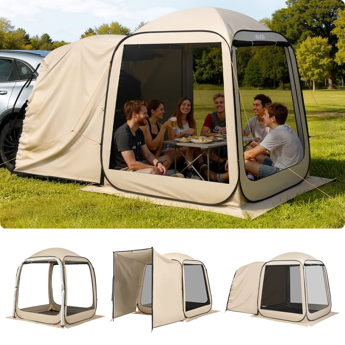 VEVOR sietveida lapene-telts SUV aizmugures durvīm, 183 × 183 × 220 cm, uznirstoša telts 4-6 personām, pārnēsājama nojume ar sieta sāniem un pārnēsāšanas somu, piemērota auto kempingam, dārzam un āra aktivitātēm, bēša
