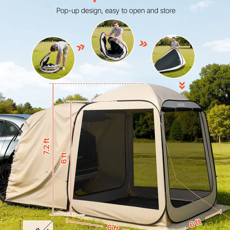 VEVOR sietveida lapene-telts SUV aizmugures durvīm, 183 × 183 × 220 cm, uznirstoša telts 4–6 personām, pārnēsājama nojume ar sieta sāniem un pārnēsāšanas somu, piemērota auto kempingam, dārzam un āra aktivitātēm, bēša