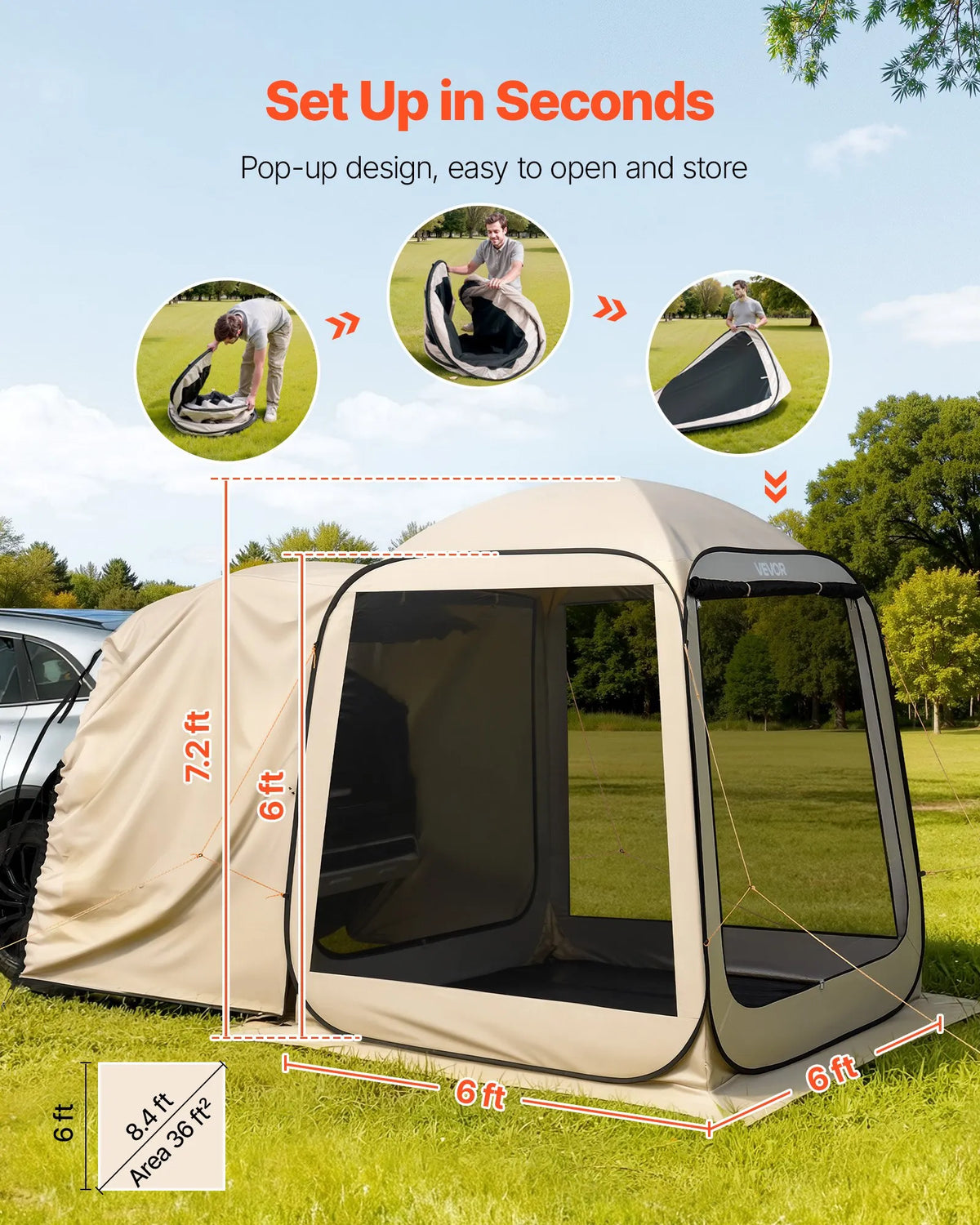 VEVOR sietveida lapene-telts SUV aizmugures durvīm, 183 × 183 × 220 cm, uznirstoša telts 4-6 personām, pārnēsājama nojume ar sieta sāniem un pārnēsāšanas somu, piemērota auto kempingam, dārzam un āra aktivitātēm, bēša
