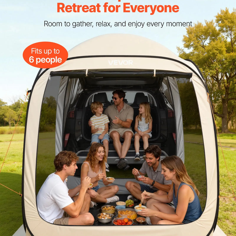 VEVOR sietveida lapene-telts SUV aizmugures durvīm, 183 × 183 × 220 cm, uznirstoša telts 4–6 personām, pārnēsājama nojume ar sieta sāniem un pārnēsāšanas somu, piemērota auto kempingam, dārzam un āra aktivitātēm, bēša