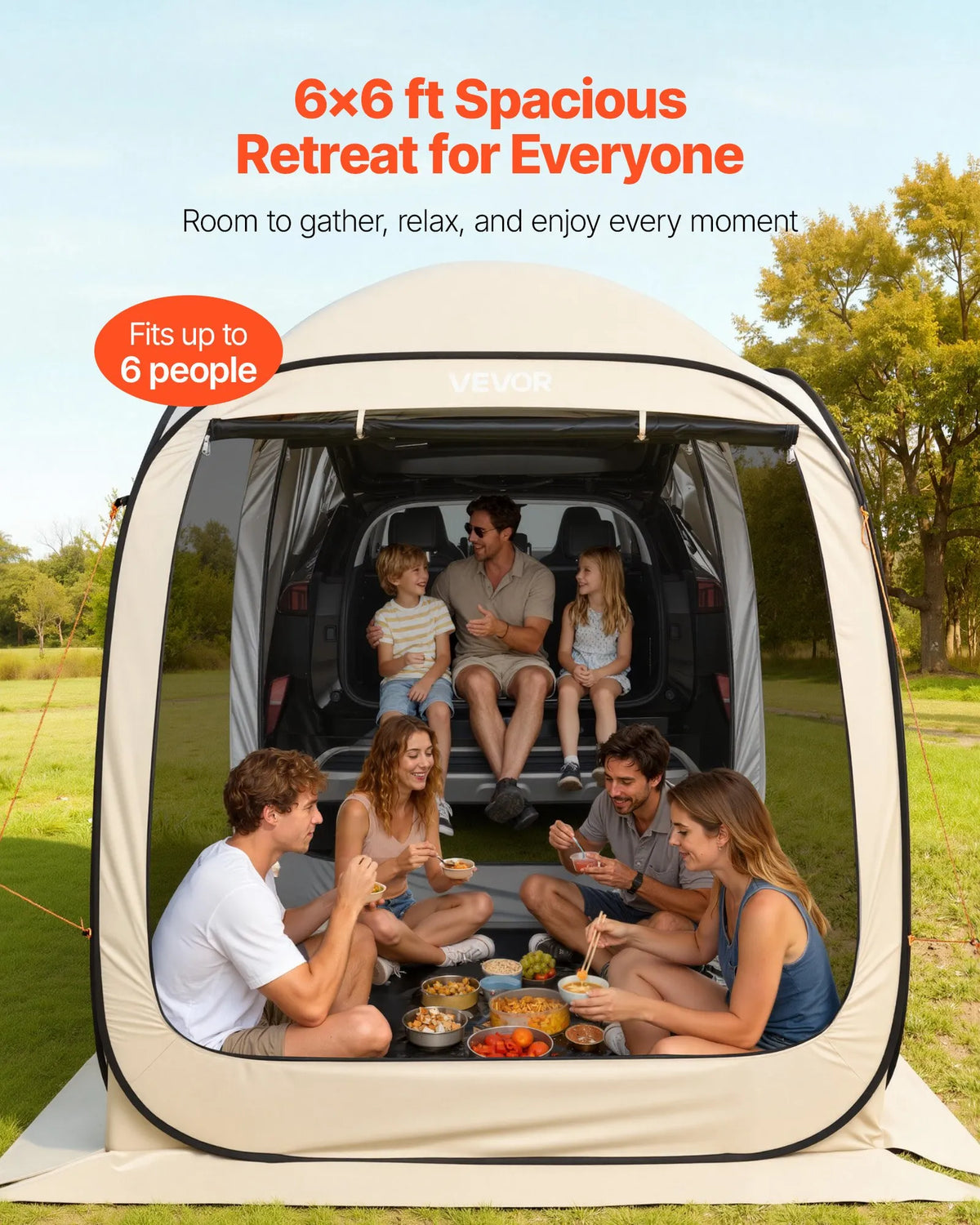 VEVOR sietveida lapene-telts SUV aizmugures durvīm, 183 × 183 × 220 cm, uznirstoša telts 4-6 personām, pārnēsājama nojume ar sieta sāniem un pārnēsāšanas somu, piemērota auto kempingam, dārzam un āra aktivitātēm, bēša