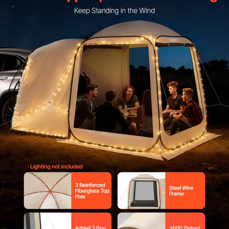 VEVOR sietveida lapene-telts SUV aizmugures durvīm, 183 × 183 × 220 cm, uznirstoša telts 4–6 personām, pārnēsājama nojume ar sieta sāniem un pārnēsāšanas somu, piemērota auto kempingam, dārzam un āra aktivitātēm, bēša