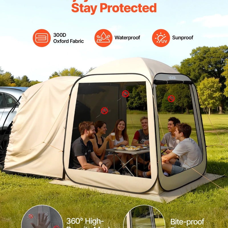 VEVOR sietveida lapene-telts SUV aizmugures durvīm, 183 × 183 × 220 cm, uznirstoša telts 4–6 personām, pārnēsājama nojume ar sieta sāniem un pārnēsāšanas somu, piemērota auto kempingam, dārzam un āra aktivitātēm, bēša