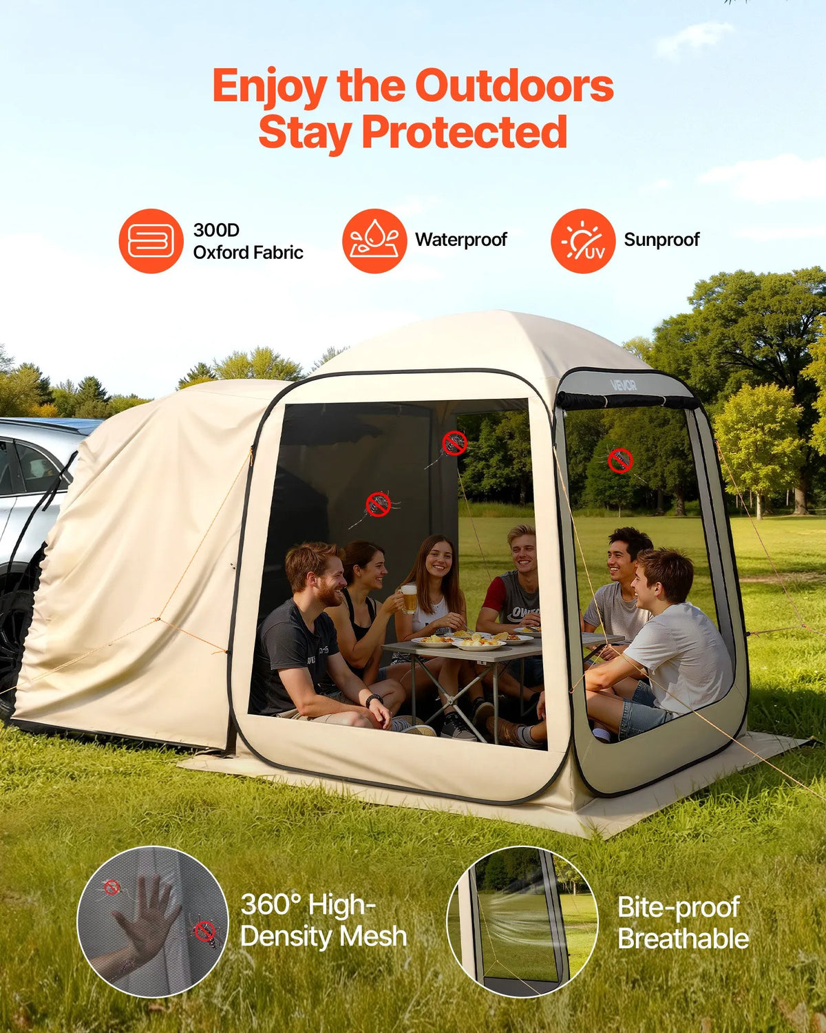 VEVOR sietveida lapene-telts SUV aizmugures durvīm, 183 × 183 × 220 cm, uznirstoša telts 4-6 personām, pārnēsājama nojume ar sieta sāniem un pārnēsāšanas somu, piemērota auto kempingam, dārzam un āra aktivitātēm, bēša