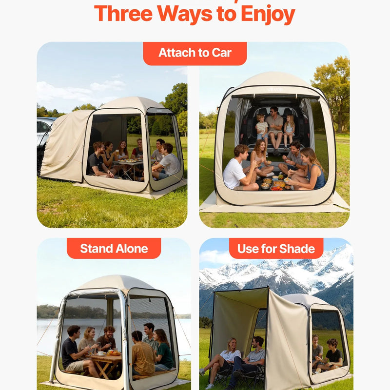 VEVOR sietveida lapene-telts SUV aizmugures durvīm, 183 × 183 × 220 cm, uznirstoša telts 4–6 personām, pārnēsājama nojume ar sieta sāniem un pārnēsāšanas somu, piemērota auto kempingam, dārzam un āra aktivitātēm, bēša