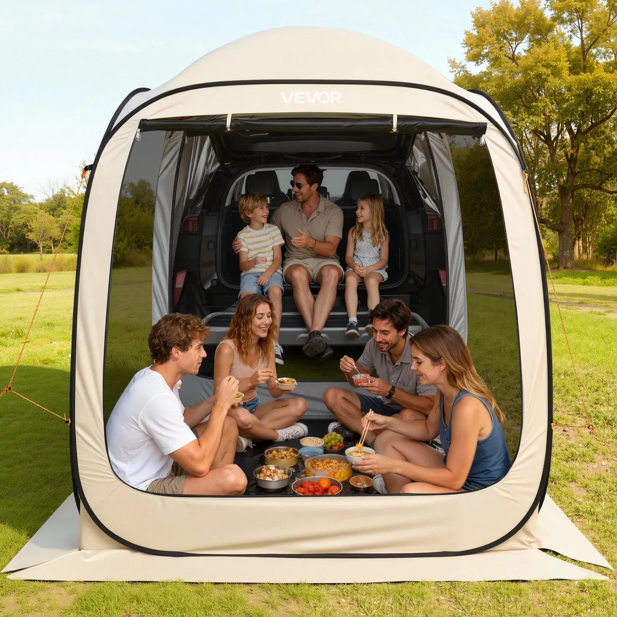 VEVOR sietveida lapene-telts SUV aizmugures durvīm, 183 × 183 × 220 cm, uznirstoša telts 4-6 personām, pārnēsājama nojume ar sieta sāniem un pārnēsāšanas somu, piemērota auto kempingam, dārzam un āra aktivitātēm, bēša