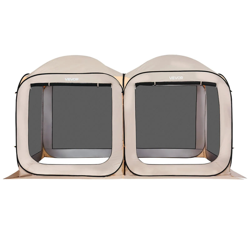 VEVOR sietveida lapene-telts, 366 × 183 × 220 cm, 2-in-1 uznirstoša siettelts, pārnēsājama nojume ar sieta sāniem, zemes mietiņiem un pārnēsāšanas somu, piemērota dārzam, terasei un āra aktivitātēm, bēša
