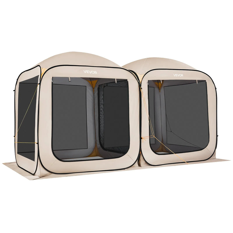 VEVOR sietveida lapene-telts, 366 × 183 × 220 cm, 2-in-1 uznirstoša siettelts, pārnēsājama nojume ar sieta sāniem, zemes mietiņiem un pārnēsāšanas somu, piemērota dārzam, terasei un āra aktivitātēm, bēša