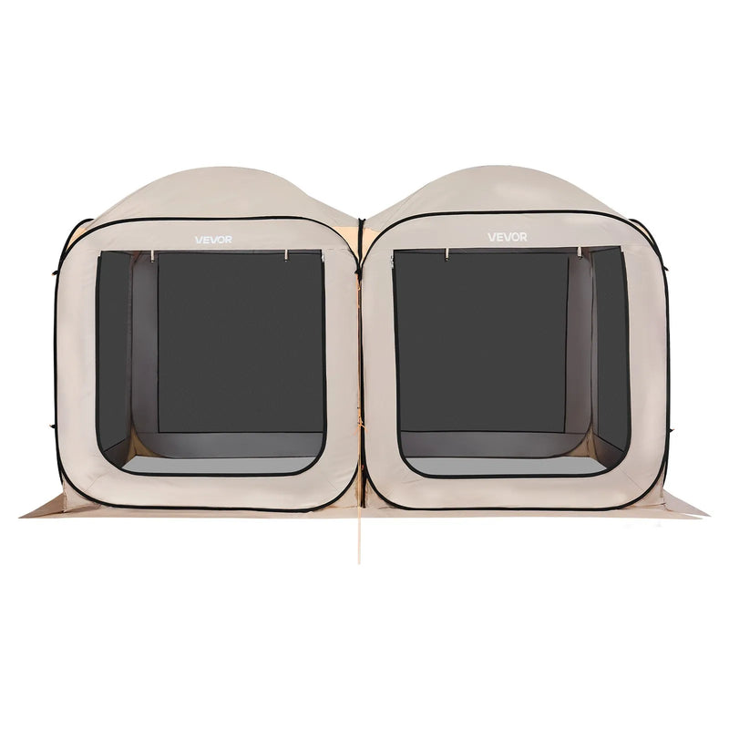 VEVOR sietveida lapene-telts, 366 × 183 × 220 cm, 2-in-1 uznirstoša siettelts, pārnēsājama nojume ar sieta sāniem, zemes mietiņiem un pārnēsāšanas somu, piemērota dārzam, terasei un āra aktivitātēm, bēša