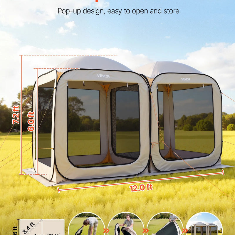 VEVOR sietveida lapene-telts, 366 × 183 × 220 cm, 2-in-1 uznirstoša siettelts, pārnēsājama nojume ar sieta sāniem, zemes mietiņiem un pārnēsāšanas somu, piemērota dārzam, terasei un āra aktivitātēm, bēša