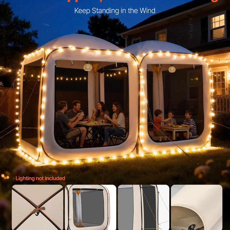 VEVOR sietveida lapene-telts, 366 × 183 × 220 cm, 2-in-1 uznirstoša siettelts, pārnēsājama nojume ar sieta sāniem, zemes mietiņiem un pārnēsāšanas somu, piemērota dārzam, terasei un āra aktivitātēm, bēša