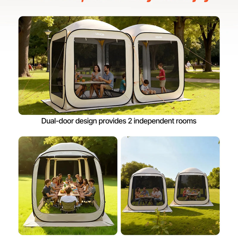 VEVOR sietveida lapene-telts, 366 × 183 × 220 cm, 2-in-1 uznirstoša siettelts, pārnēsājama nojume ar sieta sāniem, zemes mietiņiem un pārnēsāšanas somu, piemērota dārzam, terasei un āra aktivitātēm, bēša