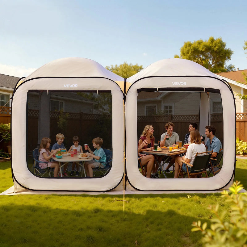 VEVOR sietveida lapene-telts, 366 × 183 × 220 cm, 2-in-1 uznirstoša siettelts, pārnēsājama nojume ar sieta sāniem, zemes mietiņiem un pārnēsāšanas somu, piemērota dārzam, terasei un āra aktivitātēm, bēša