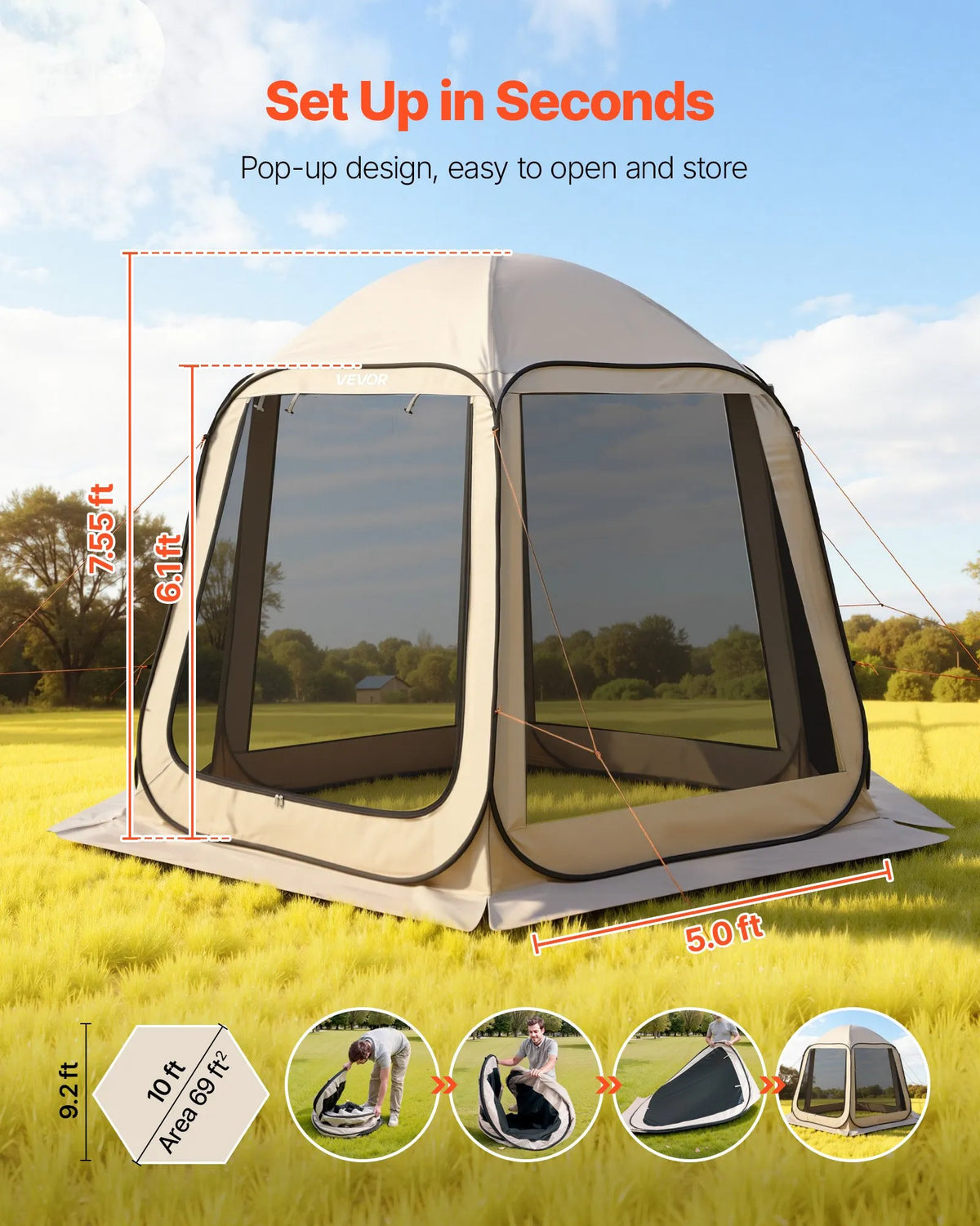 VEVOR Mesh Pop-Up Tent, 303 × 265 × 230 cm, Instant Screen Tent for 4–8 People, Portable Canopy with Mesh Sides, Ground Stakes and Carry Bag, Suitable for Garden, Patio and Outdoor Activities, Beige