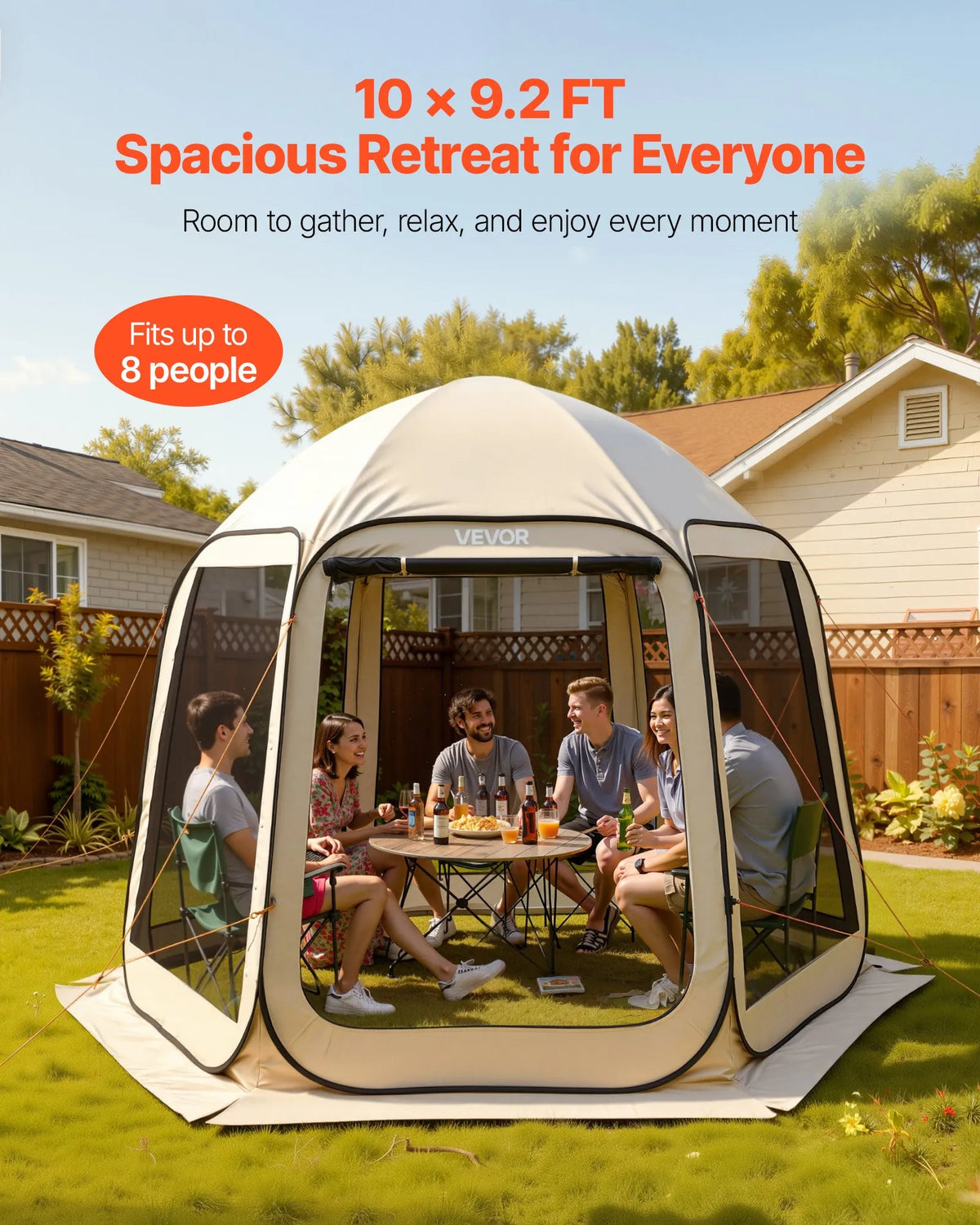 VEVOR Mesh Pop-Up Tent, 303 × 265 × 230 cm, Instant Screen Tent for 4–8 People, Portable Canopy with Mesh Sides, Ground Stakes and Carry Bag, Suitable for Garden, Patio and Outdoor Activities, Beige