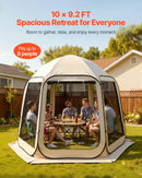 VEVOR sietveida lapene-telts, 303 × 265 × 230 cm, uznirstoša siettelts 4–8 personām, pārnēsājama nojume ar sieta sāniem, zemes mietiņiem un pārnēsāšanas somu, piemērota dārzam, terasei un āra aktivitātēm, bēša