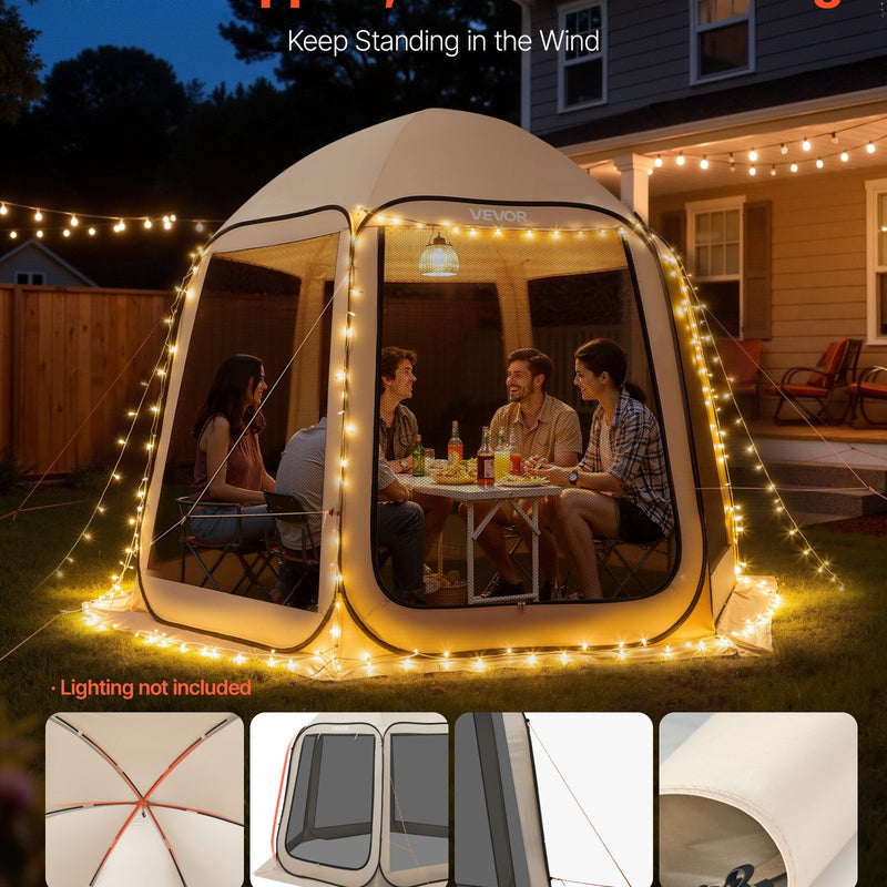 VEVOR sietveida lapene-telts, 303 × 265 × 230 cm, uznirstoša siettelts 4–8 personām, pārnēsājama nojume ar sieta sāniem, zemes mietiņiem un pārnēsāšanas somu, piemērota dārzam, terasei un āra aktivitātēm, bēša