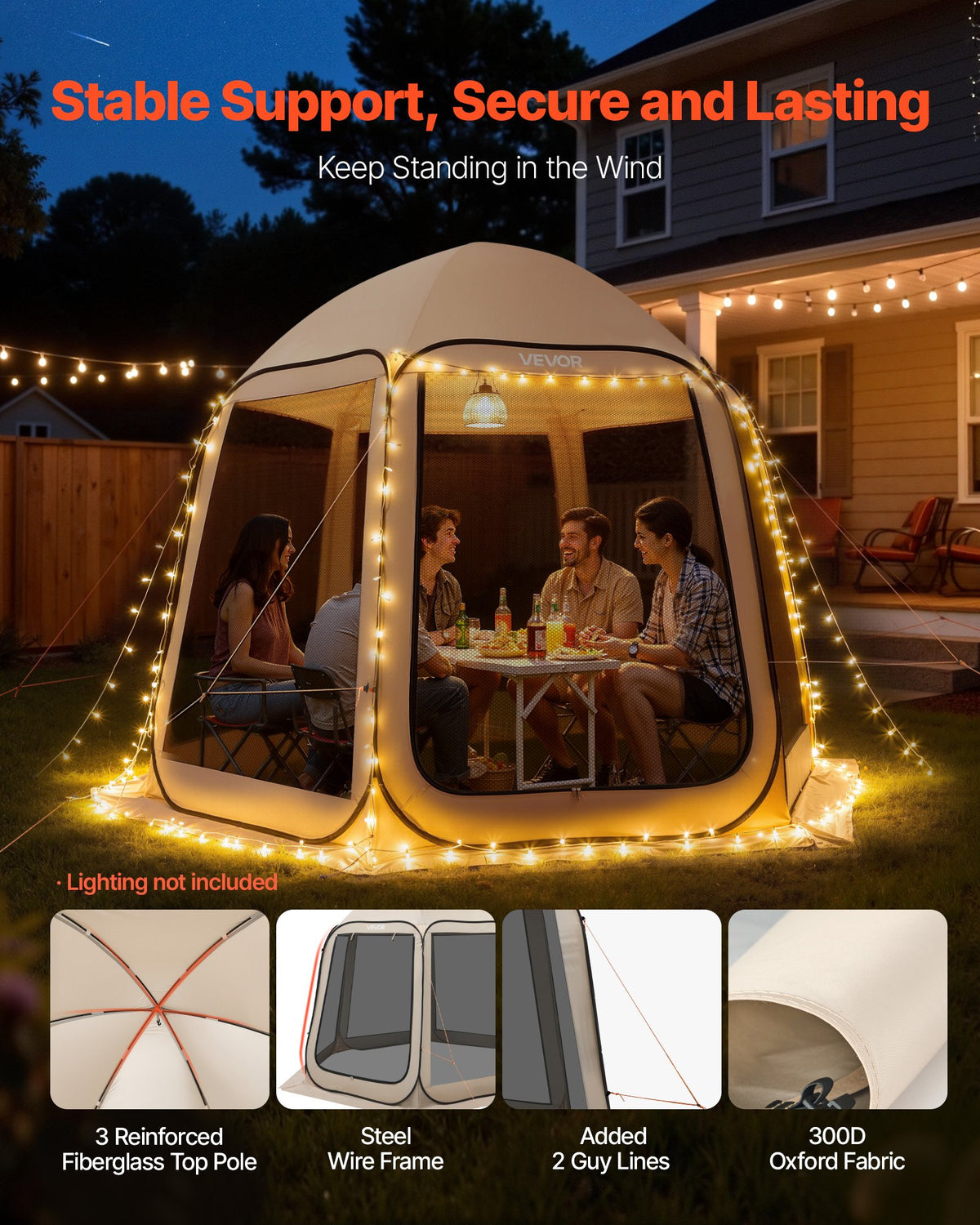 VEVOR Mesh Pop-Up Tent, 303 × 265 × 230 cm, Instant Screen Tent for 4–8 People, Portable Canopy with Mesh Sides, Ground Stakes and Carry Bag, Suitable for Garden, Patio and Outdoor Activities, Beige