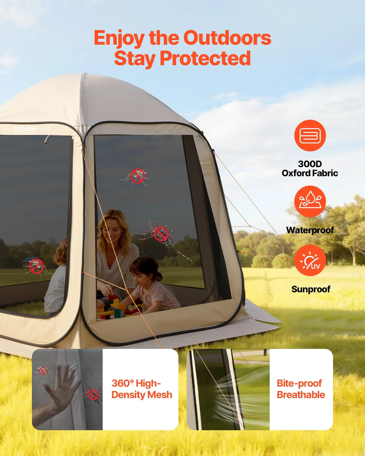 VEVOR Mesh Pop-Up Tent, 303 × 265 × 230 cm, Instant Screen Tent for 4–8 People, Portable Canopy with Mesh Sides, Ground Stakes and Carry Bag, Suitable for Garden, Patio and Outdoor Activities, Beige