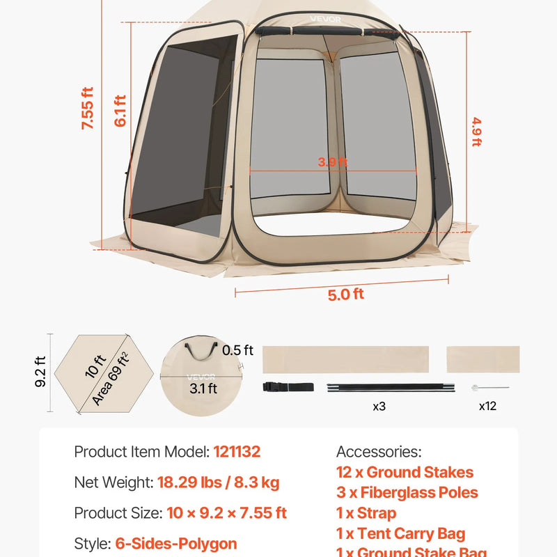 VEVOR sietveida lapene-telts, 303 × 265 × 230 cm, uznirstoša siettelts 4–8 personām, pārnēsājama nojume ar sieta sāniem, zemes mietiņiem un pārnēsāšanas somu, piemērota dārzam, terasei un āra aktivitātēm, bēša