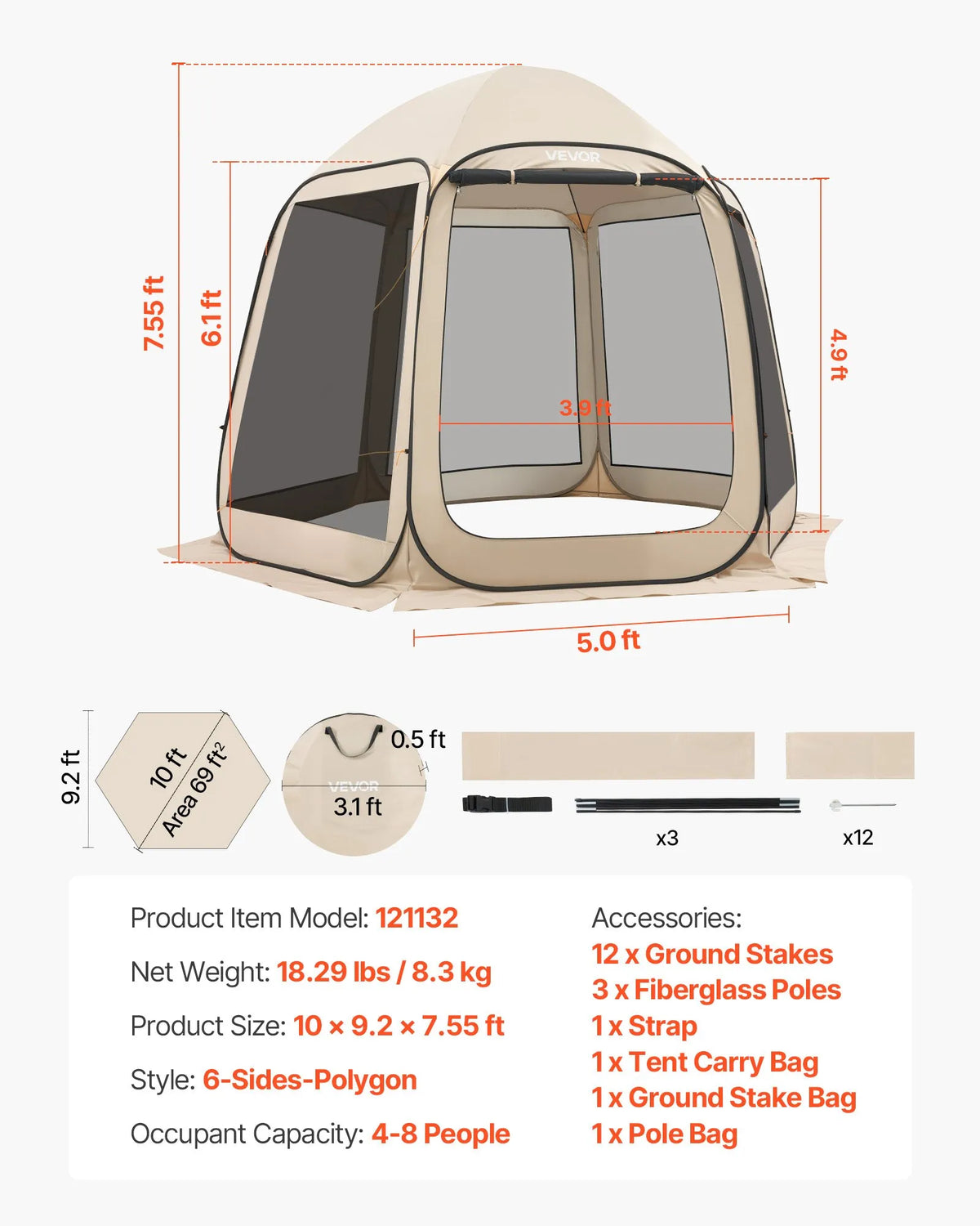 VEVOR Mesh Pop-Up Tent, 303 × 265 × 230 cm, Instant Screen Tent for 4–8 People, Portable Canopy with Mesh Sides, Ground Stakes and Carry Bag, Suitable for Garden, Patio and Outdoor Activities, Beige