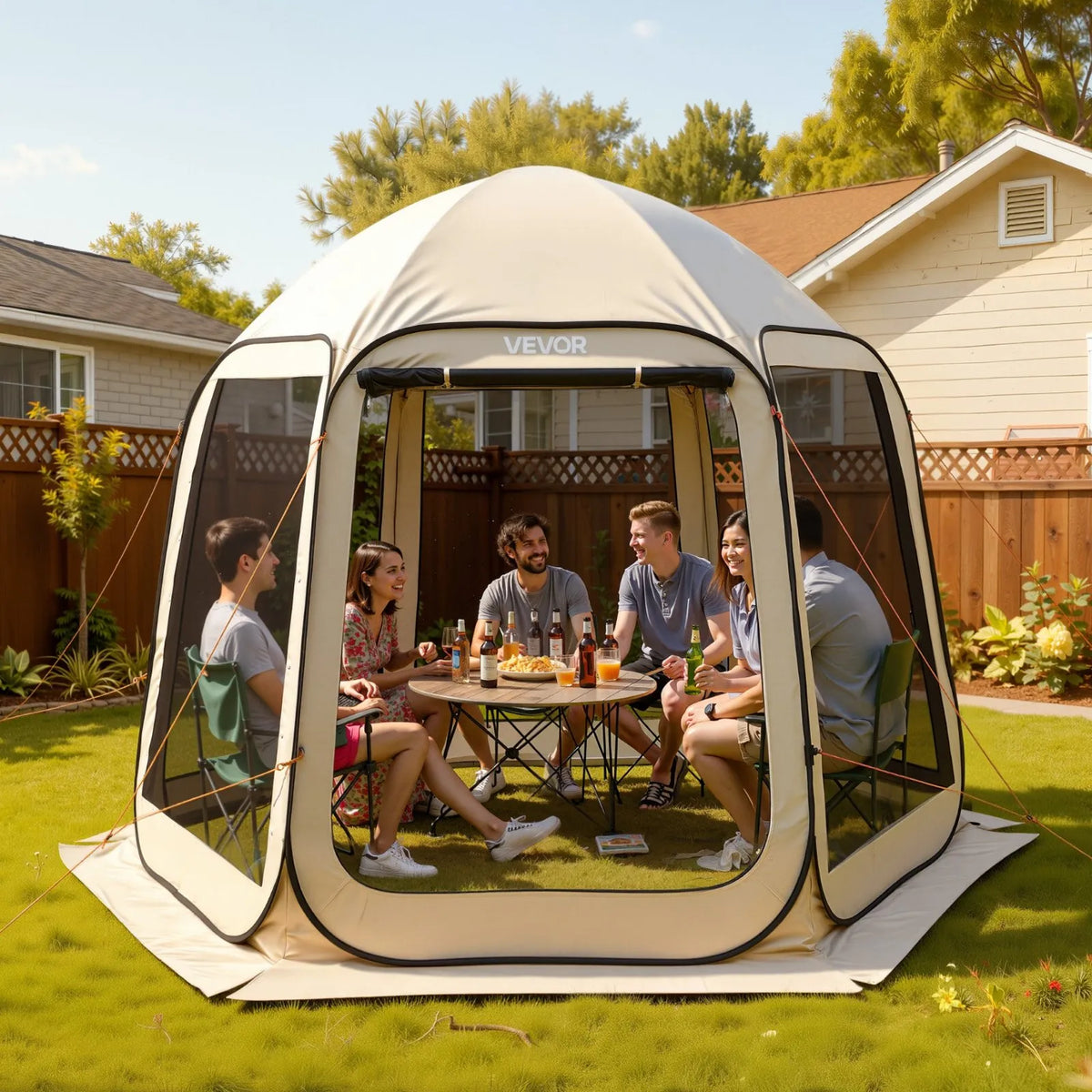 VEVOR Mesh Pop-Up Tent, 303 × 265 × 230 cm, Instant Screen Tent for 4–8 People, Portable Canopy with Mesh Sides, Ground Stakes and Carry Bag, Suitable for Garden, Patio and Outdoor Activities, Beige