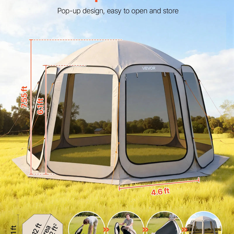 VEVOR sietveida lapene-telts, 366 × 338 × 230 cm, uznirstoša siettelts 10–12 personām, pārnēsājama nojume ar sieta sāniem, zemes mietiņiem un pārnēsāšanas somu, piemērota dārzam, terasei un āra aktivitātēm, bēša