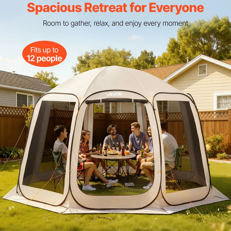 VEVOR sietveida lapene-telts, 366 × 338 × 230 cm, uznirstoša siettelts 10–12 personām, pārnēsājama nojume ar sieta sāniem, zemes mietiņiem un pārnēsāšanas somu, piemērota dārzam, terasei un āra aktivitātēm, bēša