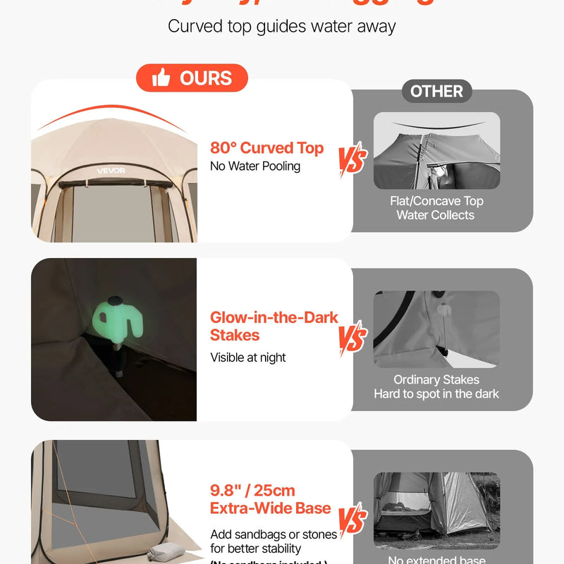 VEVOR sietveida lapene-telts, 366 × 338 × 230 cm, uznirstoša siettelts 10–12 personām, pārnēsājama nojume ar sieta sāniem, zemes mietiņiem un pārnēsāšanas somu, piemērota dārzam, terasei un āra aktivitātēm, bēša