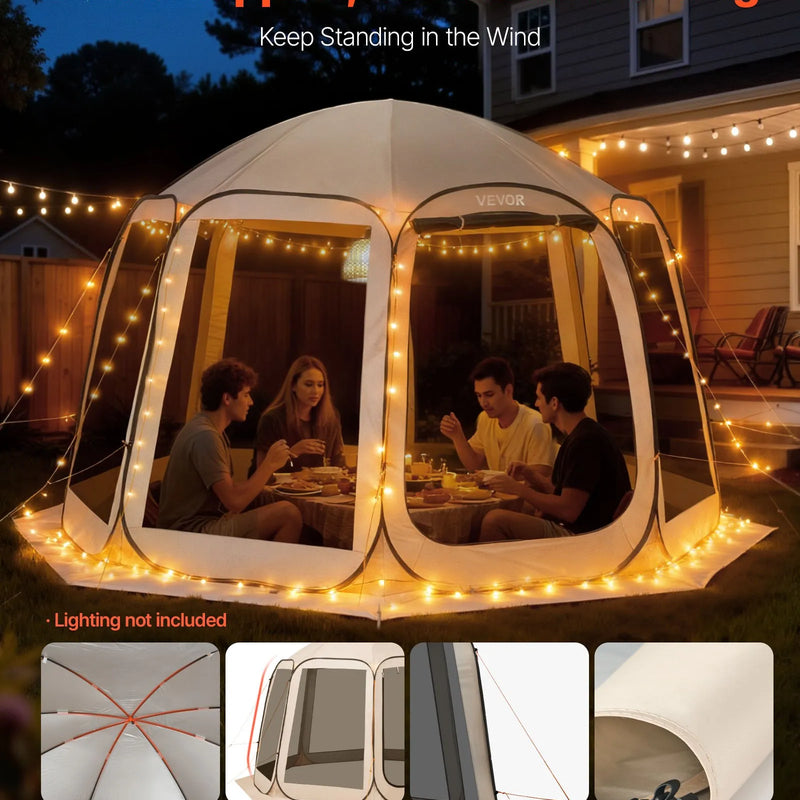 VEVOR sietveida lapene-telts, 366 × 338 × 230 cm, uznirstoša siettelts 10–12 personām, pārnēsājama nojume ar sieta sāniem, zemes mietiņiem un pārnēsāšanas somu, piemērota dārzam, terasei un āra aktivitātēm, bēša