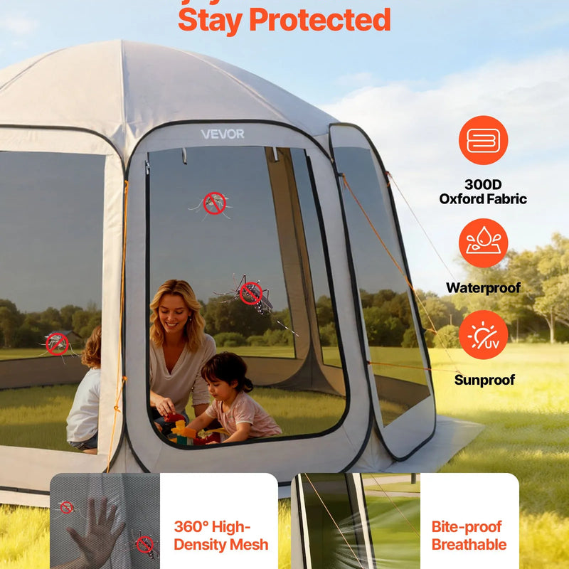 VEVOR sietveida lapene-telts, 366 × 338 × 230 cm, uznirstoša siettelts 10–12 personām, pārnēsājama nojume ar sieta sāniem, zemes mietiņiem un pārnēsāšanas somu, piemērota dārzam, terasei un āra aktivitātēm, bēša