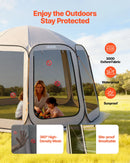 VEVOR sietveida lapene-telts, 366 × 338 × 230 cm, uznirstoša siettelts 10–12 personām, pārnēsājama nojume ar sieta sāniem, zemes mietiņiem un pārnēsāšanas somu, piemērota dārzam, terasei un āra aktivitātēm, bēša