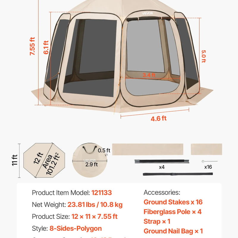 VEVOR sietveida lapene-telts, 366 × 338 × 230 cm, uznirstoša siettelts 10–12 personām, pārnēsājama nojume ar sieta sāniem, zemes mietiņiem un pārnēsāšanas somu, piemērota dārzam, terasei un āra aktivitātēm, bēša