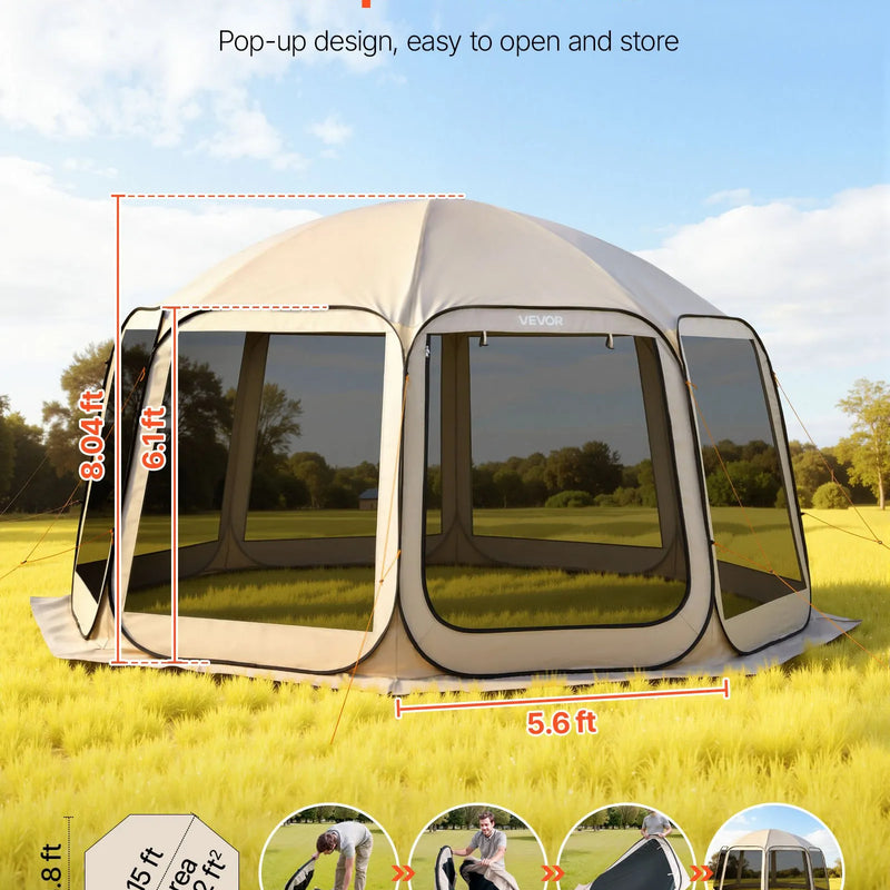 VEVOR sietveida lapene-telts, 450 × 425 × 245 cm, uznirstoša siettelts 12–15 personām, pārnēsājama nojume ar sieta sāniem, zemes mietiņiem un pārnēsāšanas somu, piemērota dārzam, terasei un āra aktivitātēm, bēša