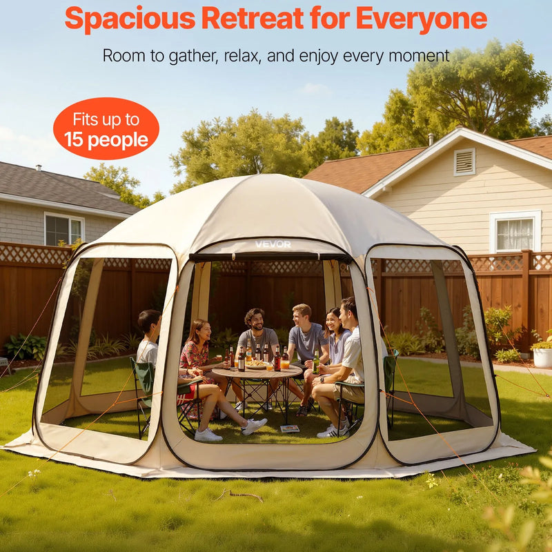 VEVOR sietveida lapene-telts, 450 × 425 × 245 cm, uznirstoša siettelts 12–15 personām, pārnēsājama nojume ar sieta sāniem, zemes mietiņiem un pārnēsāšanas somu, piemērota dārzam, terasei un āra aktivitātēm, bēša