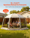 VEVOR sietveida lapene-telts, 450 × 425 × 245 cm, uznirstoša siettelts 12–15 personām, pārnēsājama nojume ar sieta sāniem, zemes mietiņiem un pārnēsāšanas somu, piemērota dārzam, terasei un āra aktivitātēm, bēša