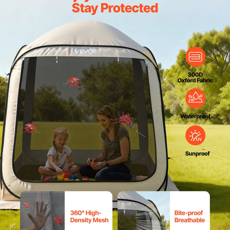 VEVOR sietveida lapene-telts, 183 × 183 × 220 cm, uznirstoša siettelts 4–6 personām, pārnēsājama nojume ar sieta sāniem, zemes mietiņiem un pārnēsāšanas somu, piemērota dārzam, terasei un āra aktivitātēm, bēša