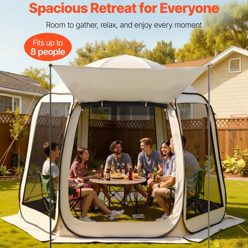 VEVOR sietveida lapene-telts, 303 × 265 × 230 cm, uznirstoša ekrāna telts 4–8 personām ar pagarinātu nojumīti, pārnēsājama nojume ar sieta sāniem un pārnēsāšanas somu, piemērota terasei un āra aktivitātēm, bēša