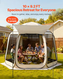 VEVOR sietveida lapene-telts, 303 × 265 × 230 cm, uznirstoša ekrāna telts 4–8 personām ar pagarinātu nojumīti, pārnēsājama nojume ar sieta sāniem un pārnēsāšanas somu, piemērota terasei un āra aktivitātēm, bēša