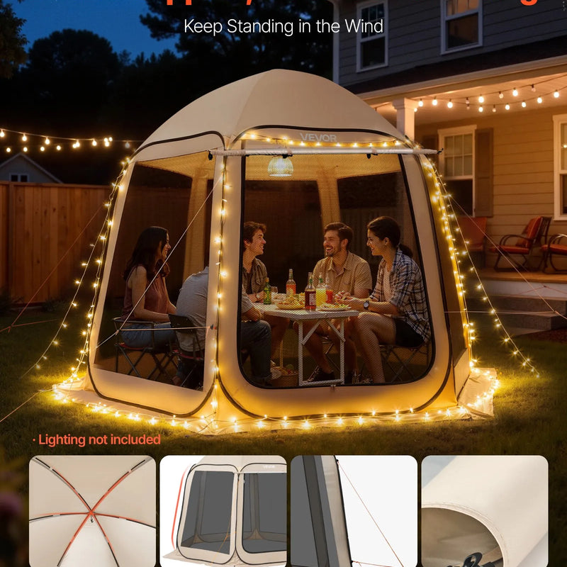 VEVOR sietveida lapene-telts, 303 × 265 × 230 cm, uznirstoša ekrāna telts 4–8 personām ar pagarinātu nojumīti, pārnēsājama nojume ar sieta sāniem un pārnēsāšanas somu, piemērota terasei un āra aktivitātēm, bēša