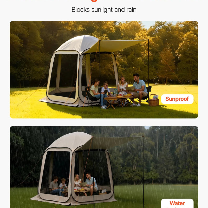 VEVOR sietveida lapene-telts, 303 × 265 × 230 cm, uznirstoša ekrāna telts 4–8 personām ar pagarinātu nojumīti, pārnēsājama nojume ar sieta sāniem un pārnēsāšanas somu, piemērota terasei un āra aktivitātēm, bēša