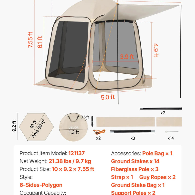 VEVOR sietveida lapene-telts, 303 × 265 × 230 cm, uznirstoša ekrāna telts 4–8 personām ar pagarinātu nojumīti, pārnēsājama nojume ar sieta sāniem un pārnēsāšanas somu, piemērota terasei un āra aktivitātēm, bēša