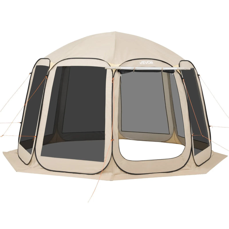 VEVOR sietveida lapene-telts, 366 × 338 × 230 cm, uznirstoša siettelts 10–12 personām ar pagarinātu nojumīti, pārnēsājama nojume ar sieta sāniem un pārnēsāšanas somu, piemērota terasei un āra aktivitātēm, bēša