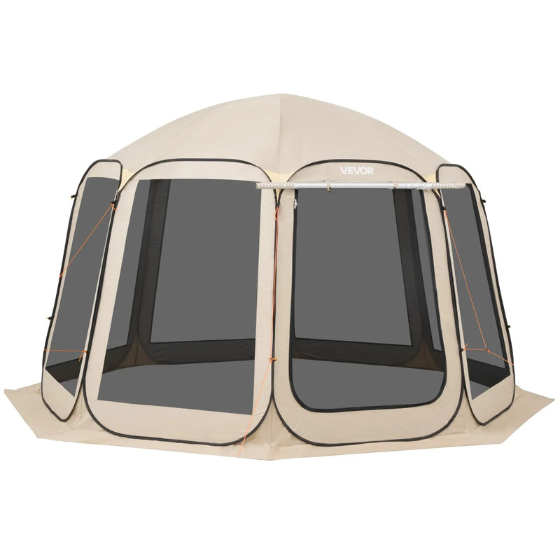 VEVOR sietveida lapene-telts, 366 × 338 × 230 cm, uznirstoša siettelts 10–12 personām ar pagarinātu nojumīti, pārnēsājama nojume ar sieta sāniem un pārnēsāšanas somu, piemērota terasei un āra aktivitātēm, bēša